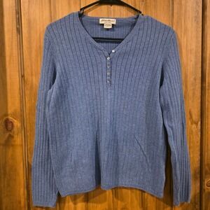 Eddie Bauer Henley Sweater‎ Womens L Blue Excellent Ribbed Knit 100% Cotton